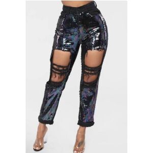 CELLO Women's Black Iridescent Sequin Distressed Jeans Size 9 Festival Rave Y2K